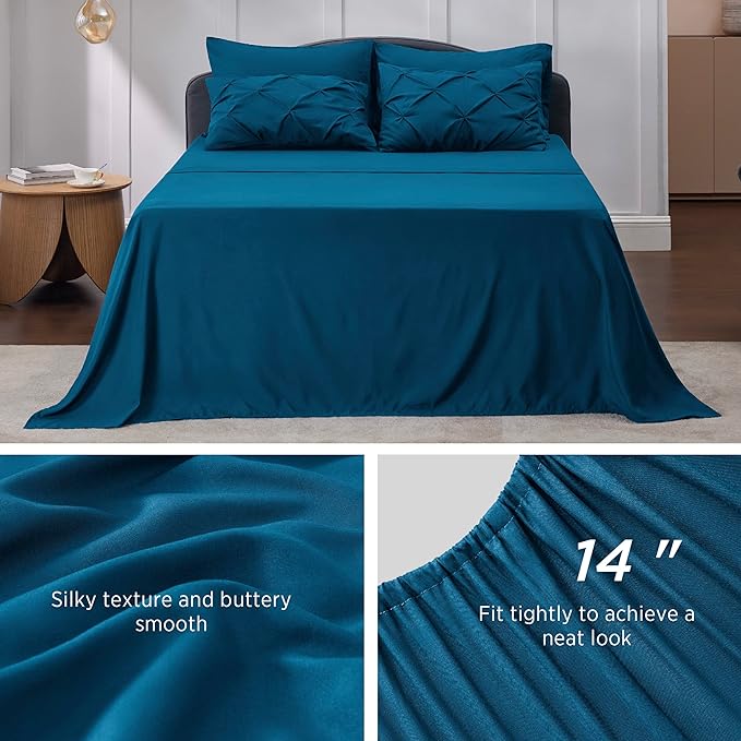 Bedsure Teal Comforter Set Queen - Bed in a Bag Queen 7 Pieces, Pintuck Bedding Sets Teal Blue Bed Set with Comforter, Sheets, Pillowcases & Shams