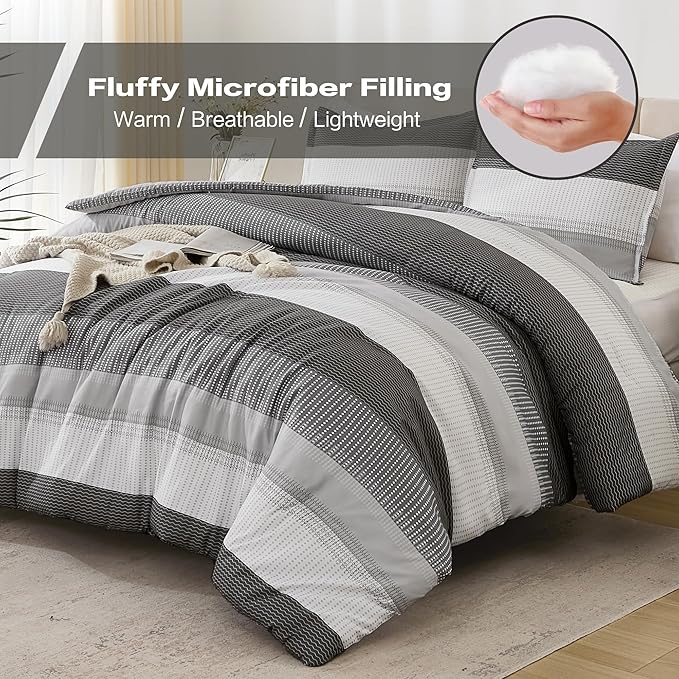 Litanika Dark Grey Bed Comforter Set Twin/Twin XL Size, 2 Pieces Lightweight Striped Bedding Comforter Set, Soft All Season Down Alternative Comforter (1 Comforter, 1 Pillowcase)