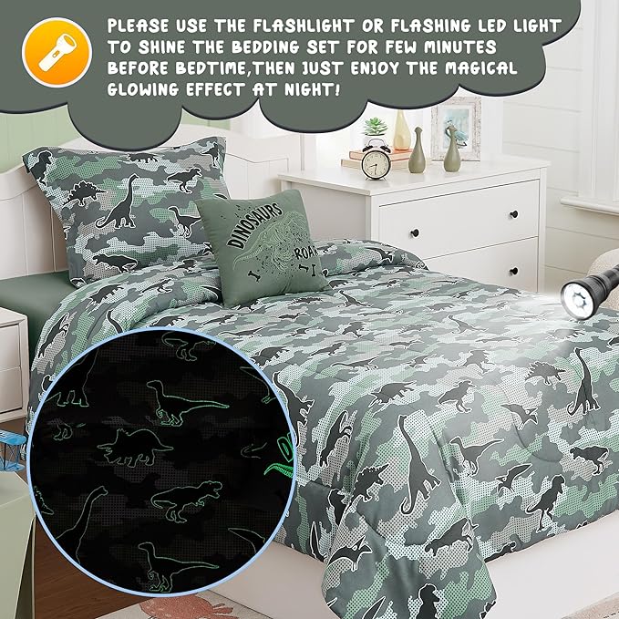 KALEIDOSPACE Kids Comforter Set Full Size for Boys, Glow in The Dark Dinosaur Bedding Set Full-1 Full Comforter, 1 Decor Pillow, 2 Pillow Shams