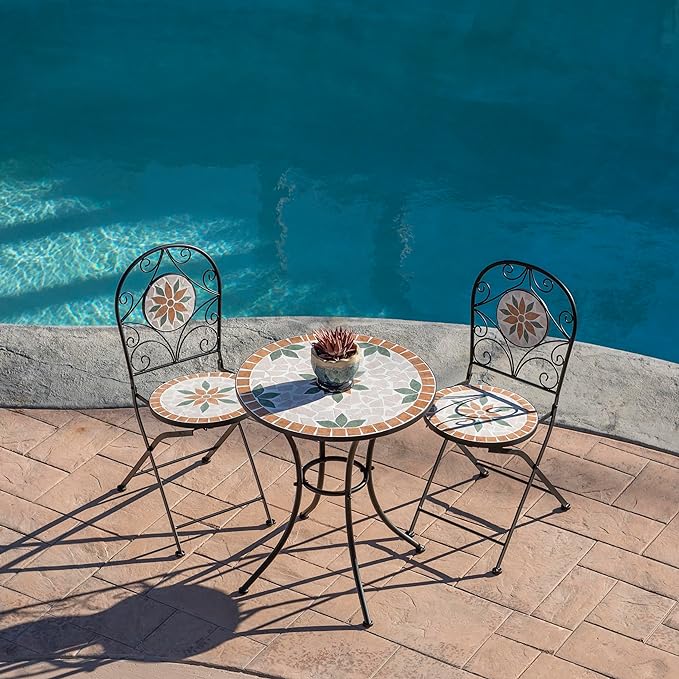Alpine Corporation Indoor/Outdoor 3-Piece Mosaic Bistro Set Folding Table and Chairs Patio Seating, Tan
