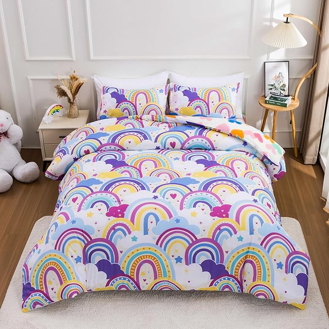 Btargot Lightweight Soft 3 Piece Rainbow Comforter Set with 2 Pillow Covers, Cartoon Love Hearts Flowers and Sun Star Bedding Set for Girls Boys Kids,Twin Light Purple