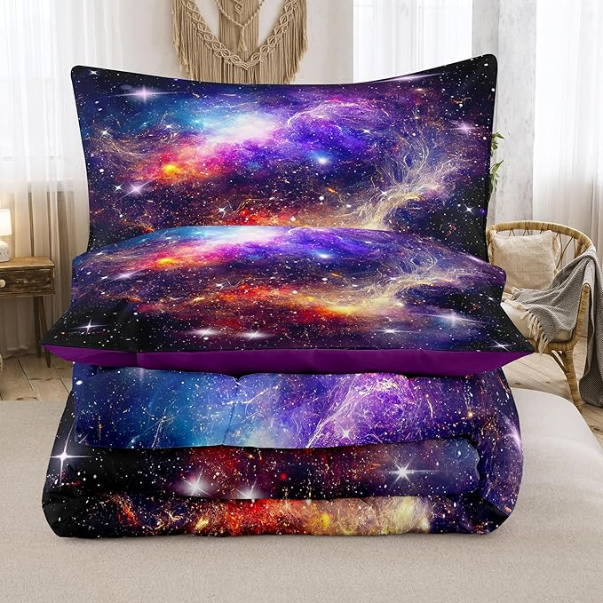 Tailor Shop Galaxy Comforter Space Kids Bedding Set Queen Size, Purple Comforter for Girls with 2 Pillowcase