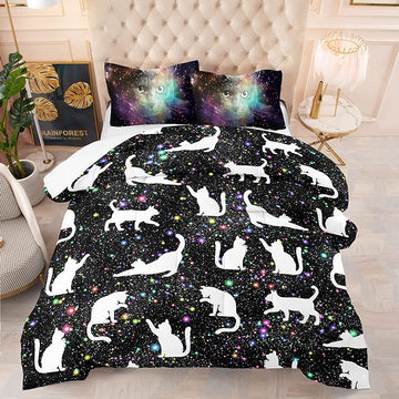 Tailor Shop Cat Comforter Set for Kids Boys Girls Teens Cute Cartoon Cat Galaxy Bedding Sets Black Dreamy Outer Space Queen Size with 1 Comforter 2 Pillow Shams………