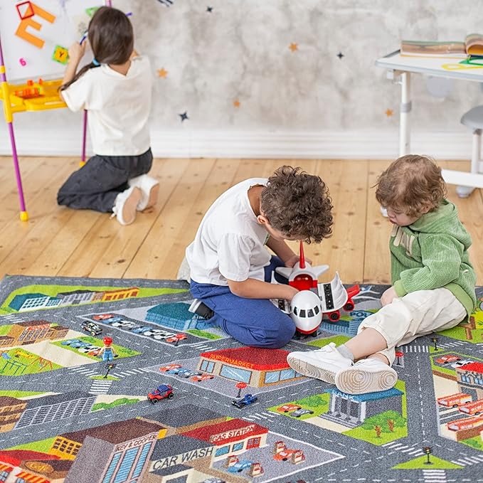 KC CUBS Road Play Map City Car Vehicle Traffic Educational Learning & Fun Game Area Non Slip Boy & Girl Kids Rug Carpet for Children Bedroom, Toddler Classroom & Baby Playroom Mat, Playtime Activity