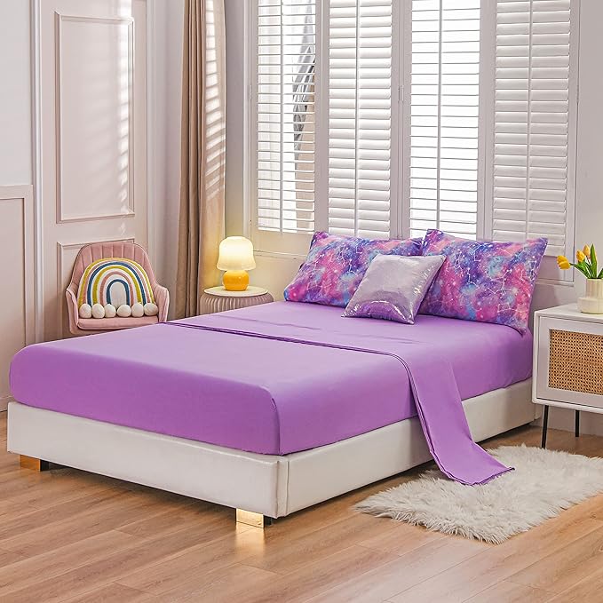Btargot Lightweight Microfiber 6 Piece Comforter Set, Tie Dye Galaxy Constellation Pattern Bedding Set for Boys Girls Teen, Queen Purple