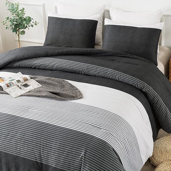 Andency Twin Comforter Set Black, 2 Pieces Black White and Gray Patchwork Striped Comforter(66x90 Inch), Soft Microfiber Down Alternative Twin Comforter Bedding Sets with Corner Loops
