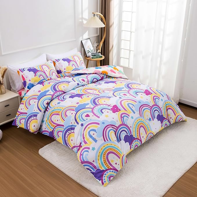 Btargot Lightweight Soft 3 Piece Rainbow Comforter Set with 2 Pillow Covers, Cartoon Love Hearts Flowers and Sun Star Bedding Set for Girls Boys Kids,Queen Light Purple