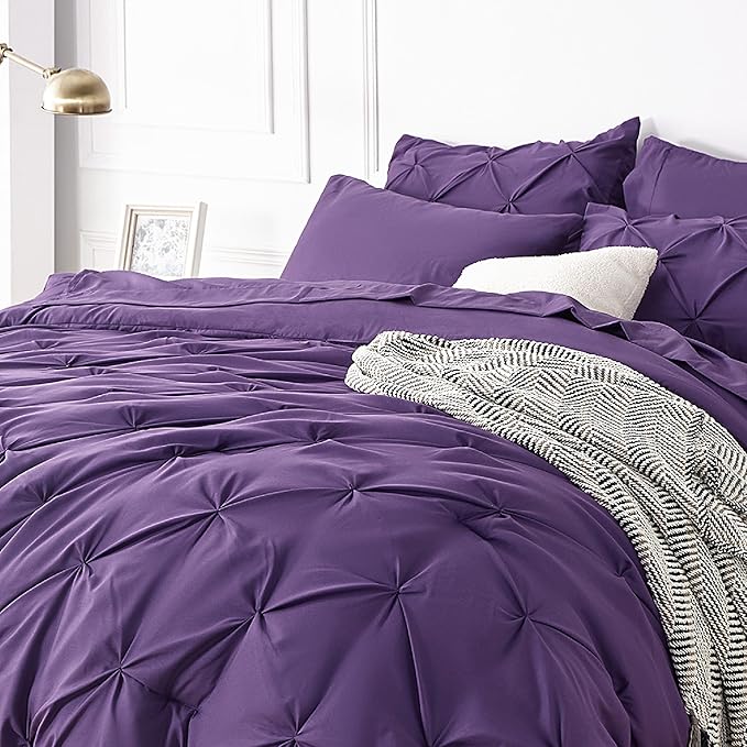 Bedsure King Size Comforter Set - Bedding Set King 7 Pieces, Pintuck Bed in a Bag Purple Bed Set with Comforter, Sheets, Pillowcases & Shams