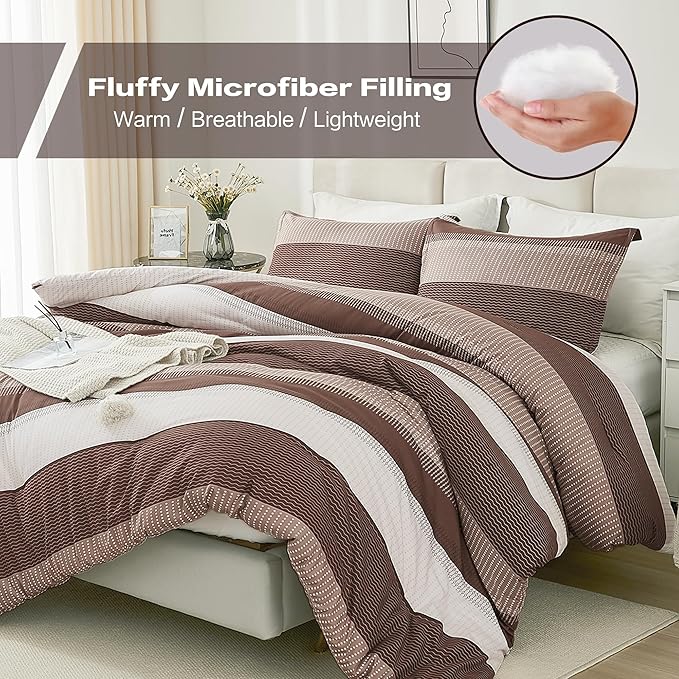 Litanika Brown Comforter Set King - 3 Pieces Lightweight Brown White Colorblock Stripe Fluffy Bedding Comforter Sets, All Season Bed Set