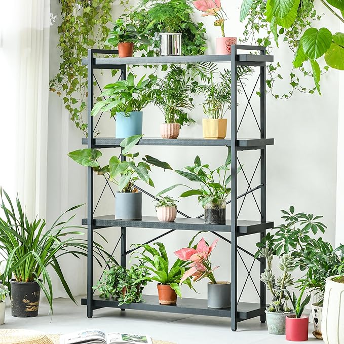 HCHQHS Bookshelf, 4-Tier Industrial Bookcase, Black Open Book Shelf, Freestanding Tall Bookshelves with Metal Frame