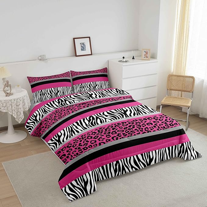 Zebra Stripes Comforter Leopard Print Comforter Set For Kids Boys Girls Pink Black White Zebra Leopard Fur Bedding Set Ultra Soft Decor Wild Animal Skin Texture Pattern Duvet Set Queen Size Quilt Set