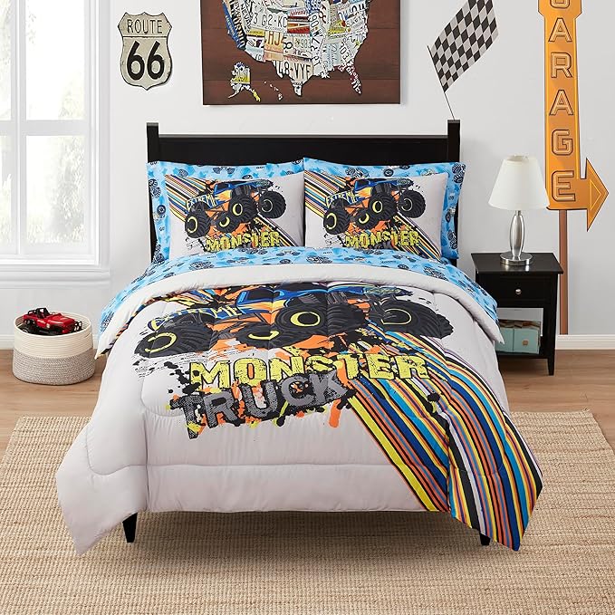 Kids Bedding Set Bed in a Bag for Boys and Girls Toddlers Printed Sheet Set and Comforter, Full, Monster Truck