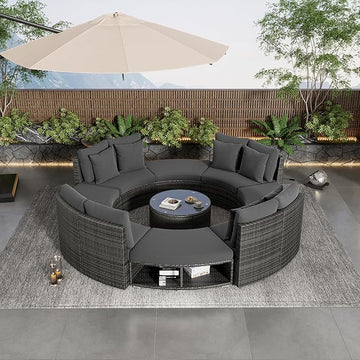 9-Pieces Outdoor Patio Furniture Set, Rattan Wicker Circular Sectional Sofa with Storage, Tempered Glass Table and 6 Pillows, Garden Lawn Half Moon Conversation Couch, Grey