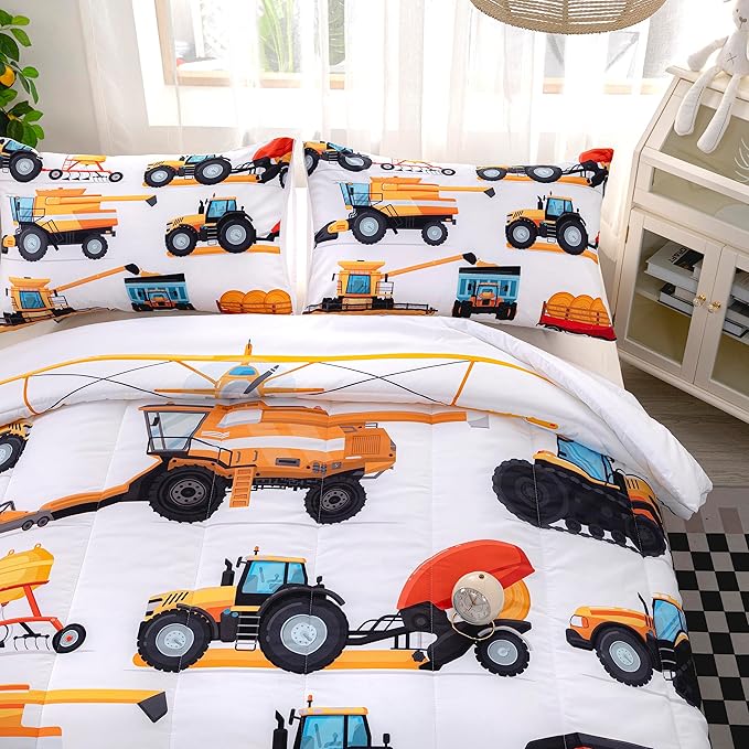 CVHOUSE Tractor Bedding Sets for Boys,Excavators Comforter Twin,Boys Cartoon Truck Comforter Set,Trucks Tractors Cars Quilt Set with 1 Comforter and 2 Pillow Cases- 3 Piece