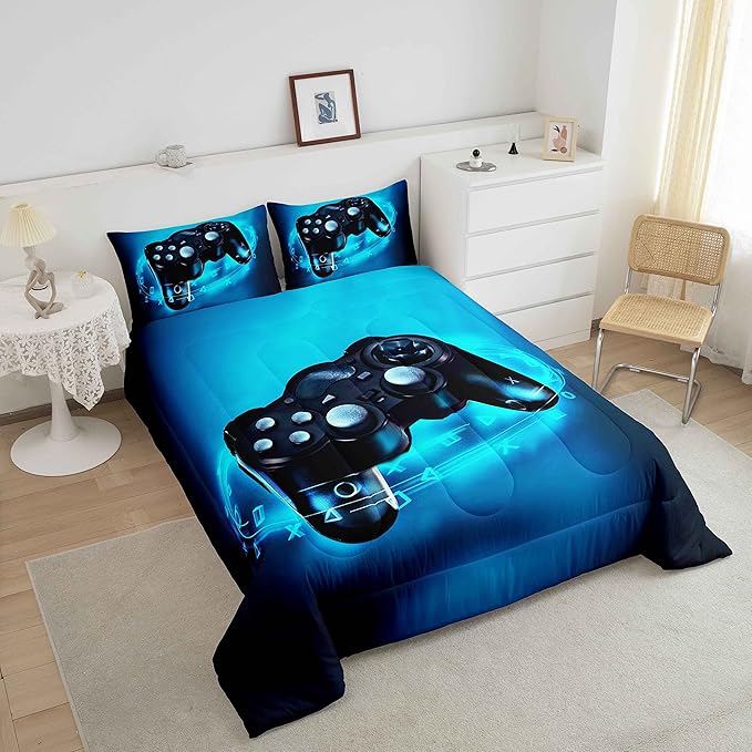 Feelyou Gamer Comforter Sets for Boys Twin Bedding Set for Boys Kids Gaming Comforter Gamer Room Decor Blue Video Game Bed Set Teens Bedroom Gamepad Duvet Set All Season 1 Comforter with 1 Pillow Case