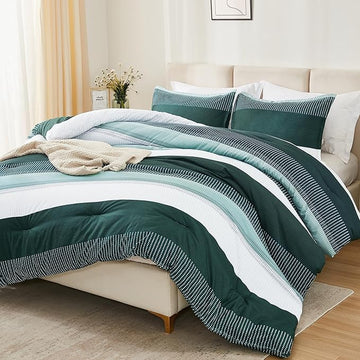 Litanika Dark Emerald Green Bed Comforter Full Set, 3 Pieces Hunter Green Bedding Set, Colorblock Stripe Vintage Style (79x90In Comforter & 2 Pillowcases)