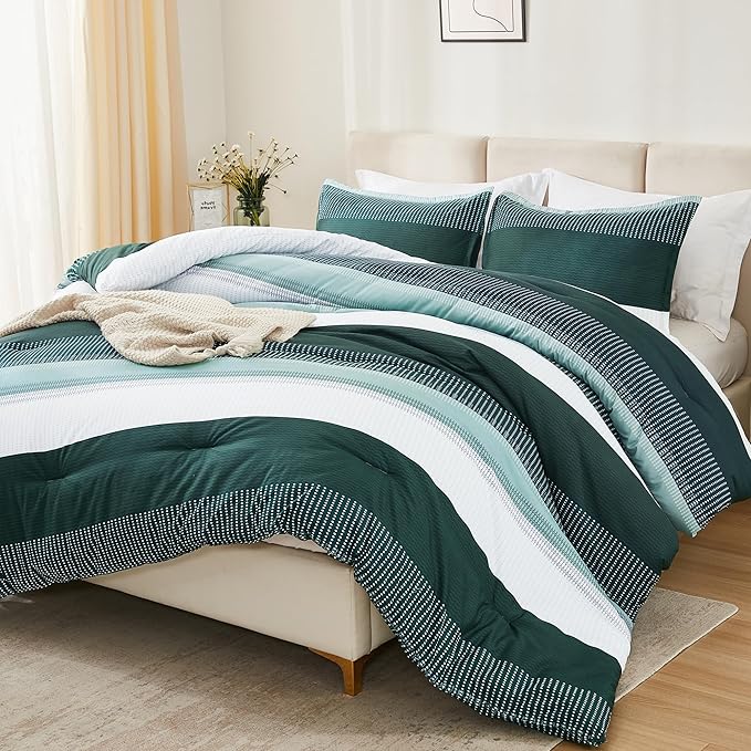 Litanika Dark Emerald Green Bed Comforter Full Set, 3 Pieces Hunter Green Bedding Set, Colorblock Stripe Vintage Style (79x90In Comforter & 2 Pillowcases)