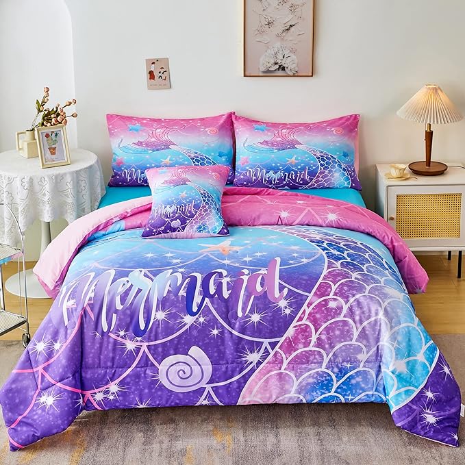 RYNGHIPY Mermaid Comforter Set 6Pcs, Kids Gilrs Bed in a Bag Twin Size, Mermaid Tail Print Teens Girls Bedding Set, Rainbow Bedding Collections