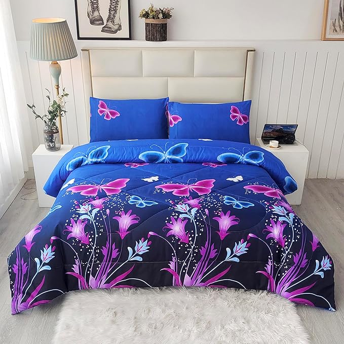 SDY 3PCS Butterfly Comforter Set Full, Butterflies Floral Comforter Set, Purple Comforter Full Size, Girls Bedroom Princess Bedding Set for Kids, Toddler, Children, Teenage, Baby, Women…