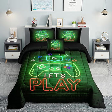 Boys Gamer Comforter Sets,6 PCS Gaming Bedding Set for Boys,Kids Comforter Sets for Boys,Twin Comforter Sets for Boys,Bed in A Bag with Sheets(Twin,Green Color)