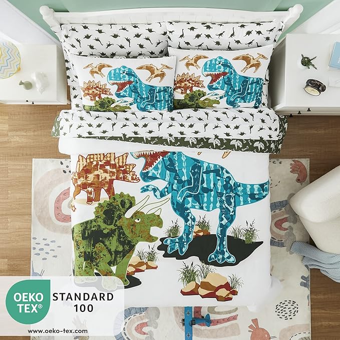 KALEIDOSPACE Gilrs Boys Full Size Bedding Set, 7 Piece Glow in The Dark Dinosaur Bed in A Bag-1 Comforter,2 Pillow Shams, 2 Pillowcases, 1 Flat Sheet, 1 Fitted Sheet
