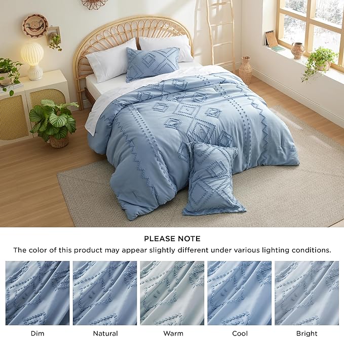 Bedsure Boho Comforter Set King - Mineral Blue Tufted Bedding Comforter Set, 3 Pieces Farmhouse Shabby Chic Embroidery Bedding Set, Soft Geometric Pattern Comforter for All Seasons