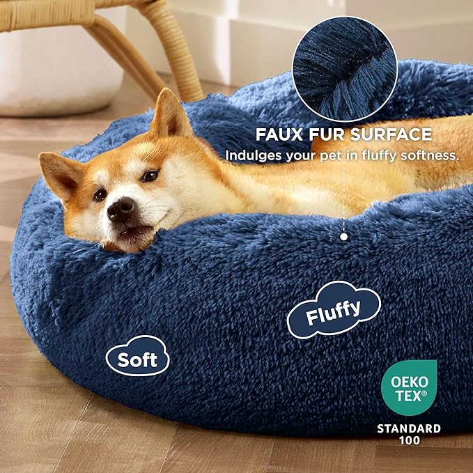 Bedsure Calming Dog Bed for Medium Dogs - Donut Washable Medium Pet Bed, 30 inches Anti-Slip Round Fluffy Plush Faux Fur Cat Bed, Fits up to 45 lbs Pets, Navy
