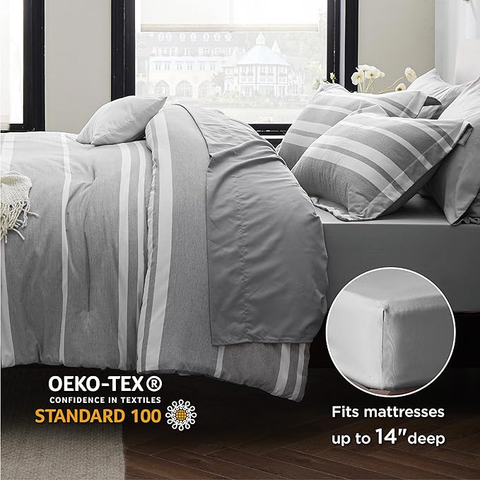 Bedsure Full Size Bed Sets 7 Pieces - Grey & White Striped Bedding All Season Comforter Set, Bed in a Bag with 1 Comforter, 2 Sheets, 2 Pillowcases & 2 Shams