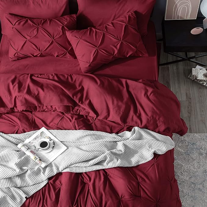 Bedsure Twin XL Comforter Set with Sheets - 5 Pieces Twin XL Bedding Sets for College, Pinch Pleat Burgundy Bed in a Bag with Comforter, Sheets, Pillowcase & Sham