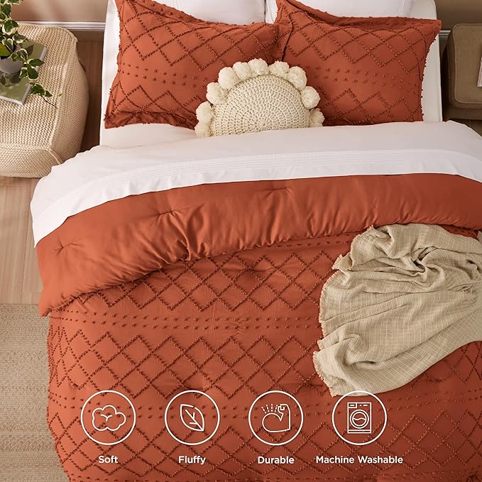 Bedsure Full Size Comforter Set - Terracotta Comforter, Boho Tufted Shabby Chic Bedding Comforter Set, 3 Pieces Vintage Farmhouse Bed Set for All Seasons, Fluffy Bedding Set with 2 Pillow Shams