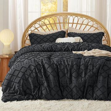 Bedsure Full Size Comforter Set - Black Comforter, Boho Tufted Shabby Chic Bedding Comforter Set, 3 Pieces Vintage Farmhouse Bed Set for All Seasons, Fluffy Soft Bedding Set with 2 Pillow Shams