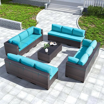 Kullavik 14PCS Outdoor Patio Furniture Set PE Wicker Rattan Sectional Sofa Patio Conversation Sets,Blue