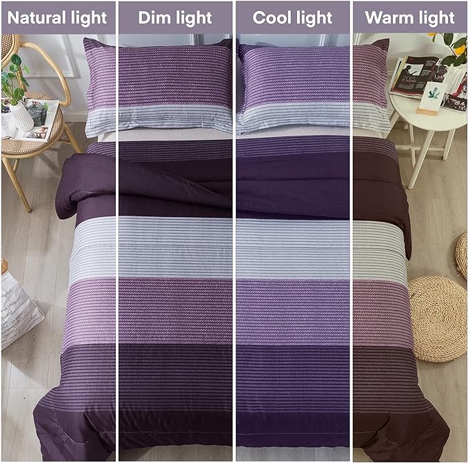 Andency Stripe Comforter Set Twin Size (66x90 Inch), 2 Pieces Purple and Gray Patchwork Striped Comforter, Soft Microfiber Down Alternative Comforter Bedding Set with Corner Loops