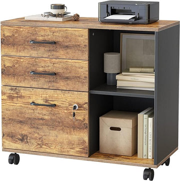 FEZIBO 3-Drawer Mobile File Cabinet, Lateral Filing Cabinet with Lock, Printer Stand with Open Storage Shelves for Home Office, Filing Cabinets for Home Office, Vintage&Black