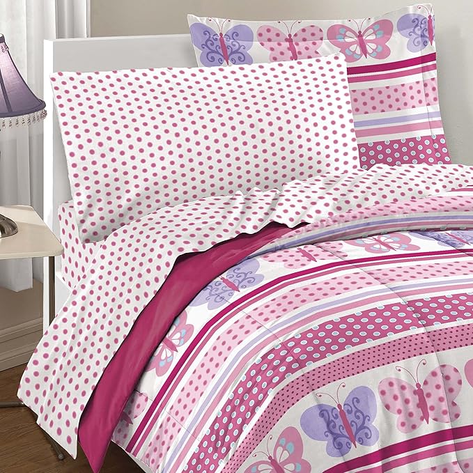 Dream Factory Butterfly Dots Ultra Soft Microfiber Girls Comforter Set, Pink, Twin