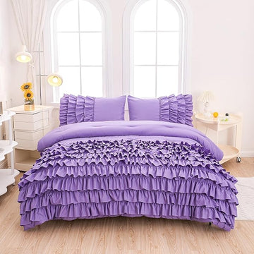 Girls Comforter Set Queen, Lavender Ruffle Bedding Set Queen, Purple Comforter Sets for Queen Size Bed with Sheets, Girls Queen Bedroom Comforter Set