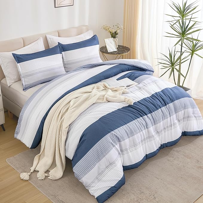 Litanika Mineral Blue Bed Comforter Set Twin/Twin XL Size, 2 Pieces Lightweight Striped Bedding Comforter Set, Soft All Season Down Alternative Comforter (1 Comforter, 1 Pillowcase)