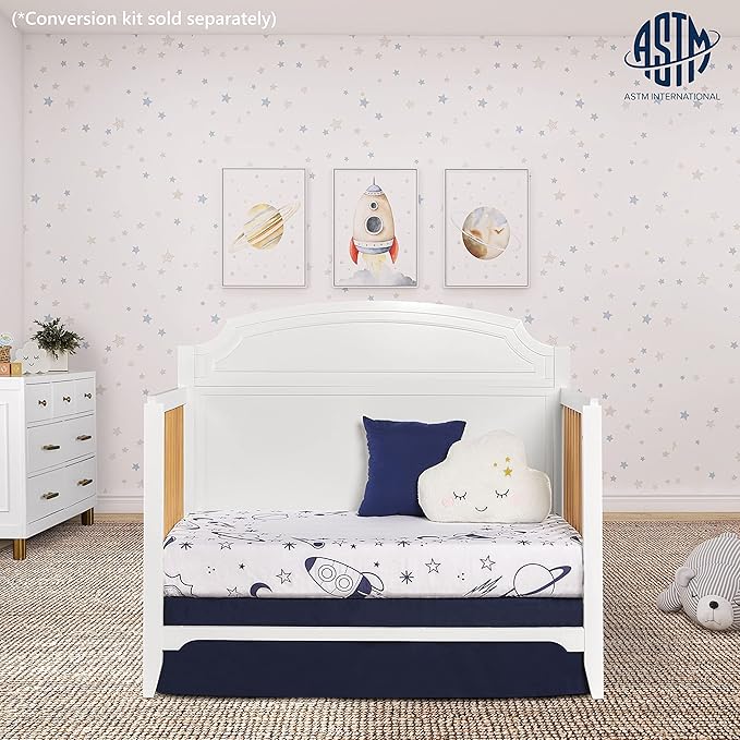 JPMA & Greenguard Gold Certified Milton 5-in-1 Convertible Crib Made with Sustainable New Zealand Pinewood in White and Natural, Non-Toxic Finish