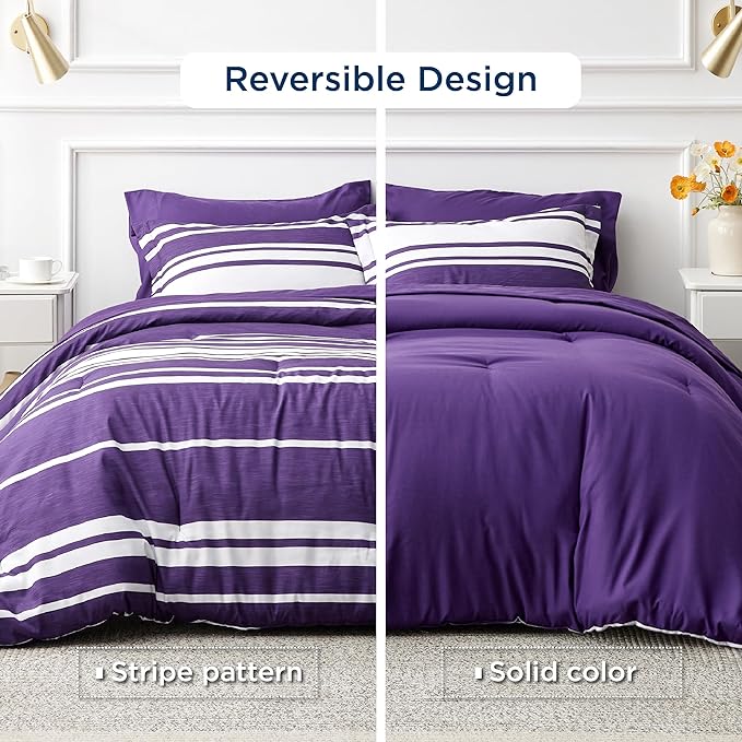 Bedsure Bed in a Bag King Size 7-Piece Purple White Striped Bedding Comforter Sets All Season Bed Set, 2 Pillow Shams, Flat Sheet, Fitted Sheet and 2 Pillowcases