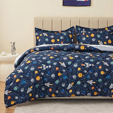 Twin Space Bedding Sets for Boys, 2 Pieces Kids Twin Comforter Sets, Super Soft Lightweight for All Seasons, Includes 1 Comforter (66"x86") and 1 Pillowcase (20"x26"+2")