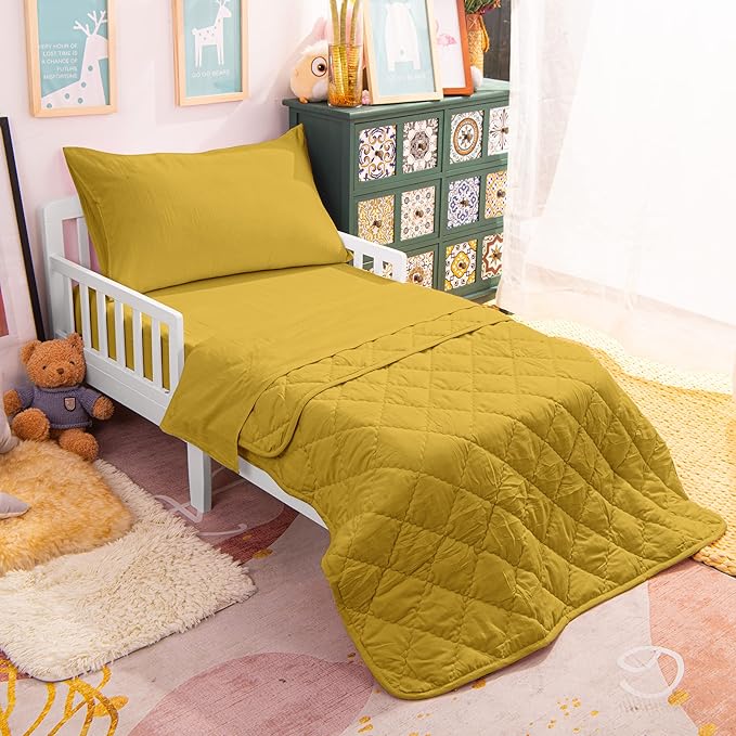 NTBAY Toddler Bedding Set - 4 Piece Soft and Breathable Crib Bedding Set for Boys and Girls, Includes Quilted Comforter, Fitted Sheet, Flat Top Sheet and Envelope Pillowcase, Yellow