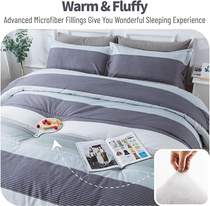 Andency Stripe Comforter Set Queen Size (90x90 Inch), 3 Pieces Mint Green Patchwork Striped Comforter, Soft Microfiber Down Alternative Comforter Bedding Set with Corner Loops