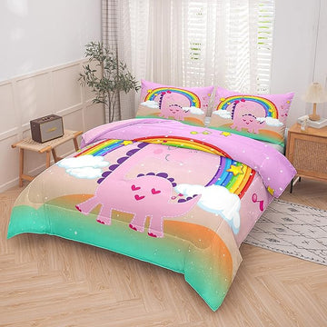 ailor Shop Pink Dinosaur Bedding Set Twin Size,Dinosaur Comforter Set for Girls,Cartoon Rainbow Dino Comforter Sets for Kids Teens，with 1 Comforter 1 Pillowcase…