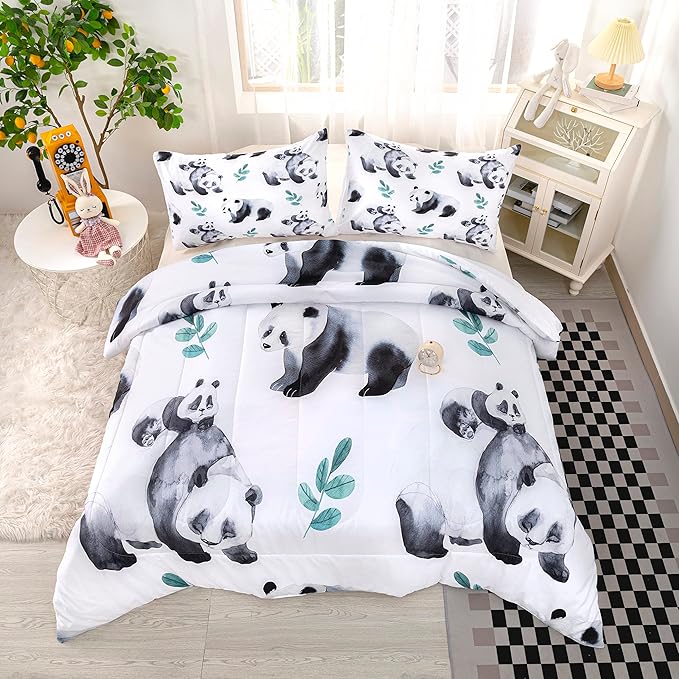 CVHOUSE Panda Bedding Set,Panda Comforter Twin,Cute Panda Comforter Set for Girls Kids Teens,Kawaii Panda Quilt Set with 1 Comforter and 2 Pillow Cases- 3 Piece