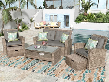 4-Piece Outdoor Patio Furniture Sets, All Weather Wicker Sectional Sofa Loveseat with Ottoman, Soft Cushions&Glass Table w/Shelf, Conversation Couch for Garden Backyard Poolside Deck, Gray