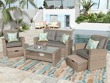 Set, 4 Piece Outdoor Wicker Rattan Sectional Sofa with Glass Table, Ottoman and Soft Cushions, Front Porch Apartment Patio Furniture for Backyard Lawn Garden, Onesize, E-Gray-e