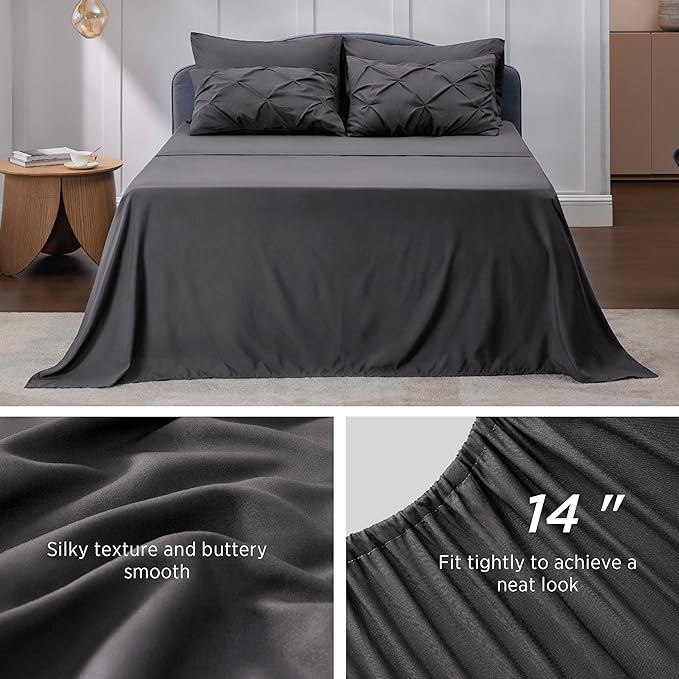 Bedsure Dark Grey Comforter Set Queen - Bed in a Bag Queen 7 Pieces, Pintuck Bedding Sets Dark Grey Bed Set with Comforter, Sheets, Pillowcases & Shams