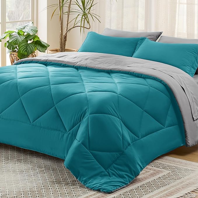 Bedsure Teal Full Size Comforter Set - 7 Pieces Reversible Bed in a Bag Set with Comforters, Sheets, Pillowcases & Shams