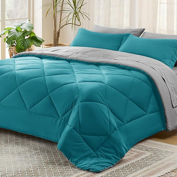 Bedsure Teal California King Size Comforter Set - 7 Pieces Reversible California King Bed in a Bag King Bed Set with Comforters, Sheets, Pillowcases & Shams, California King Bedding Sets
