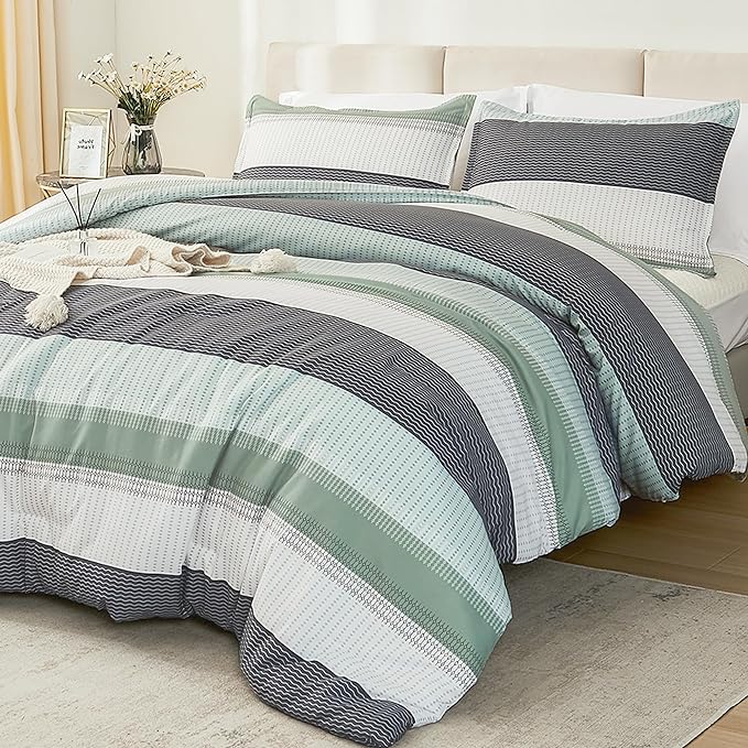 Litanika Queen Comforter Set Sage Green - 3 Pieces Lightweight Bedding Comforter Sets, Light Green White Colorblock Stripe Fluffy Bed Set, All Season Down Alternative